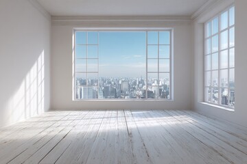 An empty room with large windows showing a cityscape. Light streams in, illuminating the wooden floor
