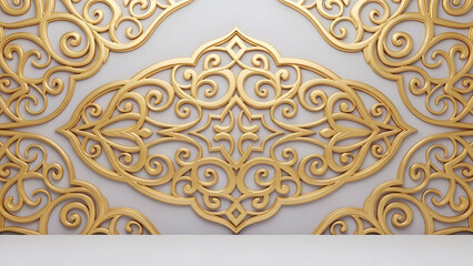 Intricate Golden Arabesque Pattern On White Wall With Subtle Lighting