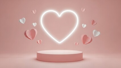 Glowing heart on pink pedestal isolated on white background