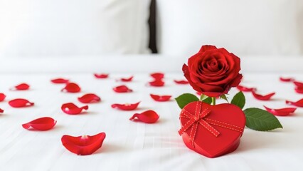 Red rose on heart-shaped box isolated on white background