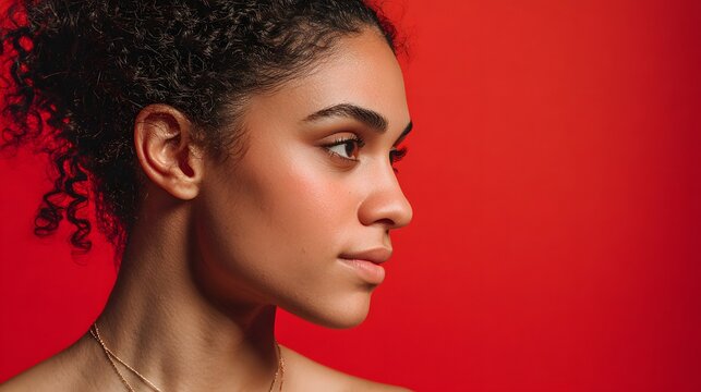 Beautiful woman with curly hair and elegant makeup poses against a vibrant red backdrop.