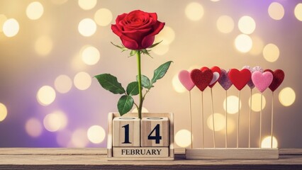 Red rose and hearts on february 14 isolated on white background