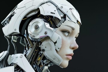 Profile of a futuristic cyborg woman gradually revealing her face from a complex robotic exoskeleton