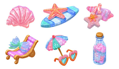 Glossy 3D Beach Candy Illustrations Featuring Shells and Summery Icons