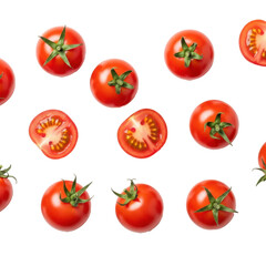 Fototapeta premium Fresh, ripe red cherry tomatoes, some whole with green stems, some halved revealing juicy flesh and tiny seeds, on a transparent background with copy space, concept of fresh produce and healthy eating