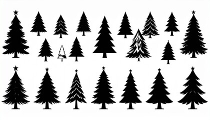 Christmas tree icon. Set of black christmas tree icons on white background. 
