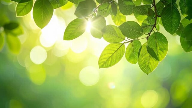 Sunlit Green Foliage with Bokeh Effect Natural Background and Bright Sunlight