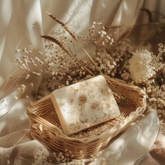 boho realistic product photo of a handmade soap bar in a wicker tray, dried flowers, cozy aesthetic