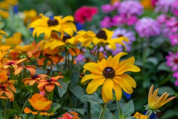 Yellow rudbeckia flower blooming in a colorful garden setting, surrounded by other vibrant flowers
