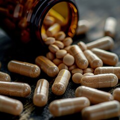 extreme macro realistic shot of vitamin capsules spilled from a bottle, high-detail product photo
