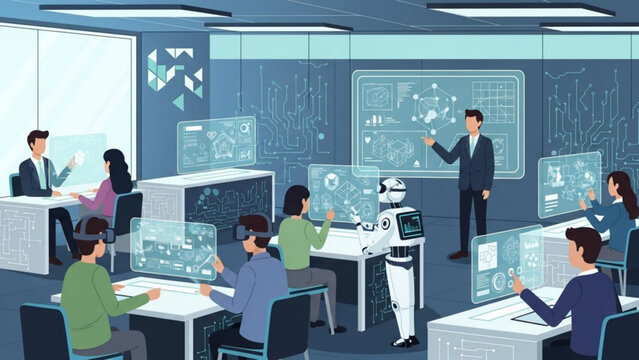 Futuristic classroom with students using VR headsets and a robot assistant learning about technology and artificial intelligence digital education concept - Powered by Adobe