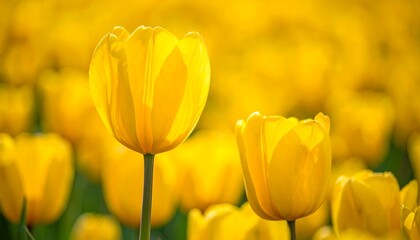 Close-up of vibrant, sunny yellow tulip flowers in a field