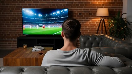 Man watching football match on television from the comfort of his living room couch