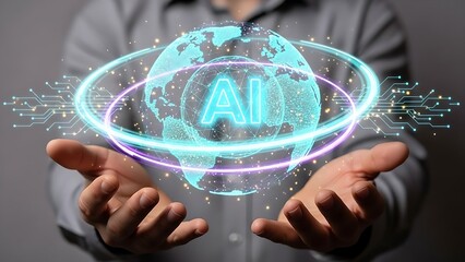 Hands holding a glowing digital globe with AI symbol and circuit patterns