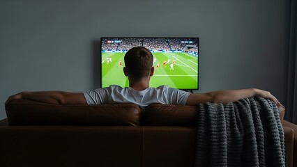 Man relaxing on a leather couch watching a soccer match on a large television screen