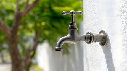 Close-up of a metallic water faucet attached to a white wall outdoors with a blurred background.