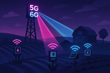 A tower displays 5G and 6G signals with smart devices in fields. The setting is a rural area at night, showcasing modern tech in agriculture.