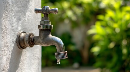 Close-up of a metallic water tap with a single drop of water, outdoors.