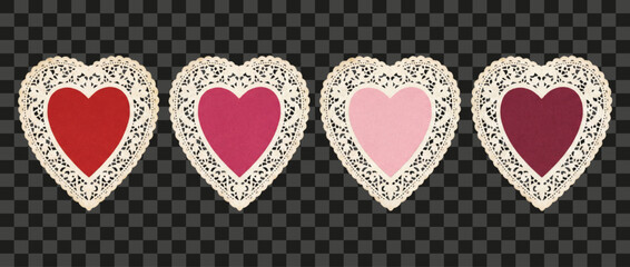 
Vintage lace paper heart doilies in a row, four antique retro cutout hearts with different shades of red and pink, ideal for Valentine's Day, wedding decoration, or romance concept design