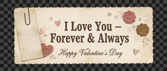 Vintage Valentine's Day banner card design with aged paper texture, scalloped edges, paper flowers decoration, isolated romantic greeting element