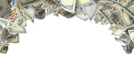 Hundred dollar bills forming top frame, isolated on transparent cutout background