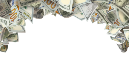 Hundred dollar bills forming top frame, isolated on transparent cutout background