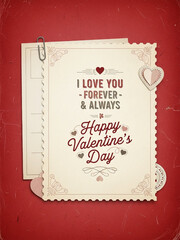 Vintage Valentine's Day postcard illustration, romantic typography and heart elements, retro style greeting card on distressed red background