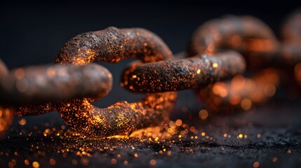 Close-up of a Rusty Chain with Glowing Sparks and a Dark Background.
