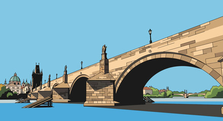 Obraz premium Picturesque Cartoon Style View of Prague Charles Bridge at Golden Hour
