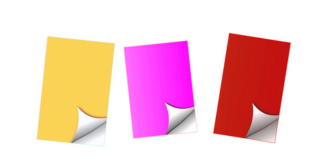 Trio of Brightly Colored Yellow Pink and Red Vertical Paper Sheets With Stylish Curled Bottom Corners.