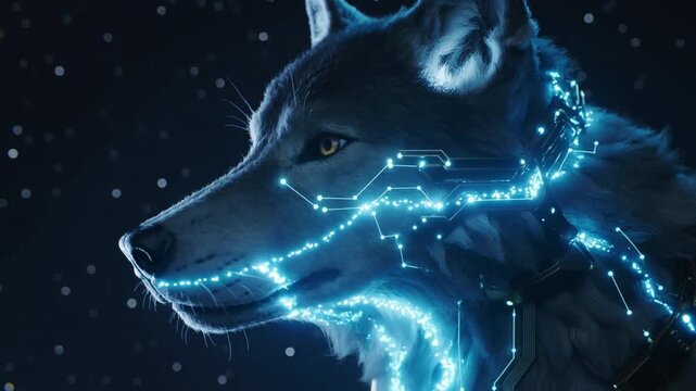 Cybernetic wolf with glowing blue data pathways across its face and collar, against a dark starry background for artificial intelligence concept and future technology