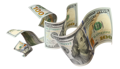 Flying hundred dollar bills, isolated on transparent cutout background