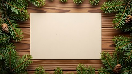 Blank paper framed by festive fir branches and pine cones on a rustic wooden background