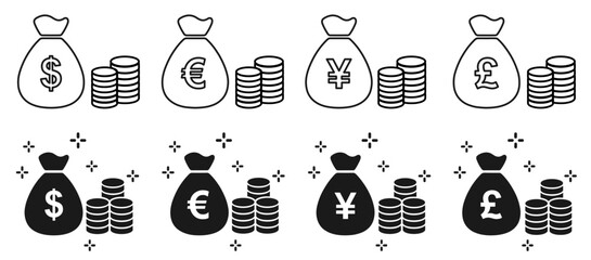 Money Bags and Coin Stacks with Dollar, Euro, Yen and Pound Currency Symbols
