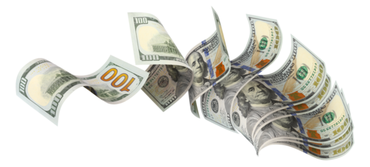 Flying hundred dollar bills, isolated on transparent cutout background