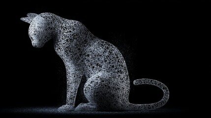 Abstract digital cat wireframe mesh on dark background representing technology, artificial intelligence, virtual design, futuristic creativity, cyber art concept and modern 3D visualization