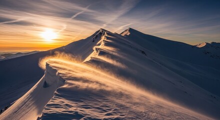 Glistening snowy mountain peaks under a radiant dawn sky create a dramatic winterscape view