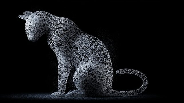 Abstract digital cat wireframe mesh on dark background representing technology, artificial intelligence, virtual design, futuristic creativity, cyber art concept and modern 3D visualization - Powered by Adobe