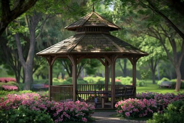 Beautiful gazebo surrounded by blooming flowers in a peaceful park during a sunny spring day