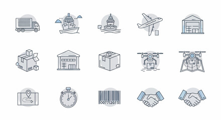 Logistics and delivery service icons set, illustrating various aspects of global shipping and transportation.
