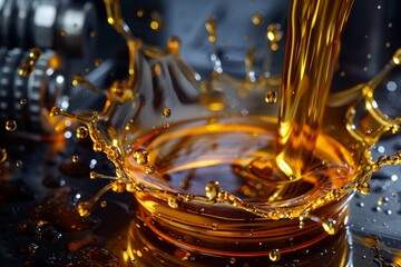 Golden oil splashing near metal gears, suggesting car maintenance and lubrication