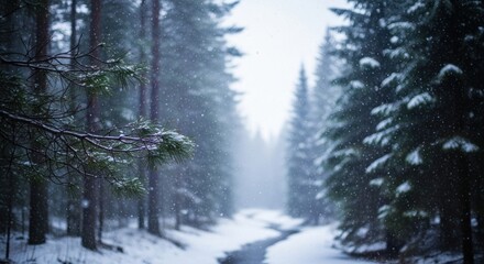 Serene snowy forest landscape featuring tall pine trees and a winding stream covered in snow a