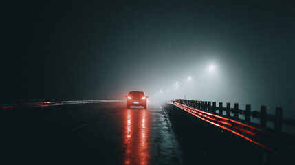 Car driving in fog on highway at night showing low visibility traffic risk, night driving caution, road safety awareness, transportation danger concept and careful travel conditions