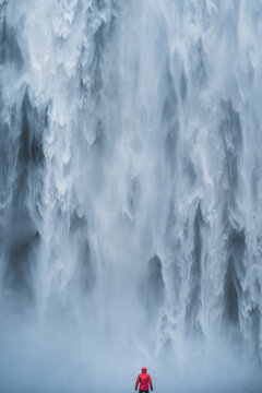View of a lone figure in a red jacket stands dwarfed by the immense, cascading waters of a powerful waterfall Skogafoss, South Iceland, Iceland.