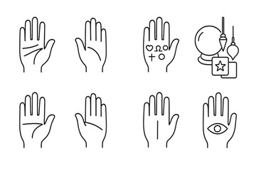 Obraz premium Hand Mysticism Icons. Line style icons of Hand Mysticism: Palm Lines, Life Line, Mount Symbols, Fortune Telling Tools; Heart Line,