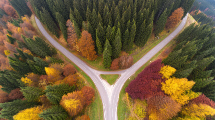 pivotal. Aerial view of a forked path in an autumn forest, representing pivotal life choices. representing seasonal cycles and harvest abundance.
