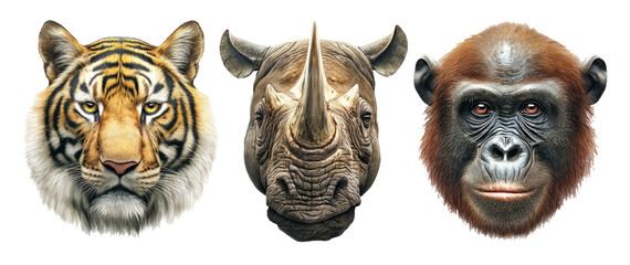 Fototapeta premium Highly Detailed Wildlife Head Portraits of Tiger, Rhino, and Gorilla in Vector Style