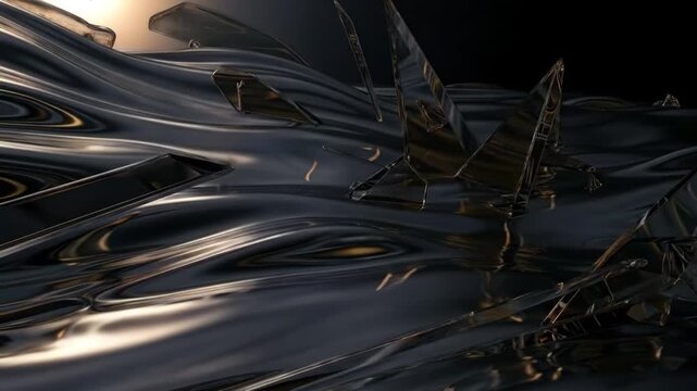 Glass shards emerging and submerging from liquid silver waves for animated background or abstract art
