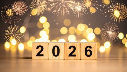 Wooden Blocks Displaying 2026 with Fireworks