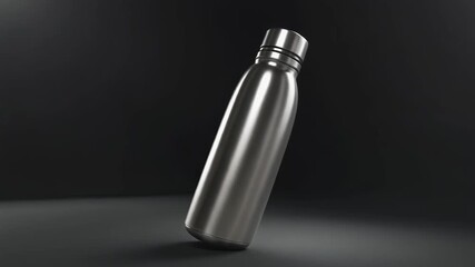 A stylish brushed stainless steel insulated water bottle product animation. This modern and reusable eco-friendly container promotes hydration and sustainability